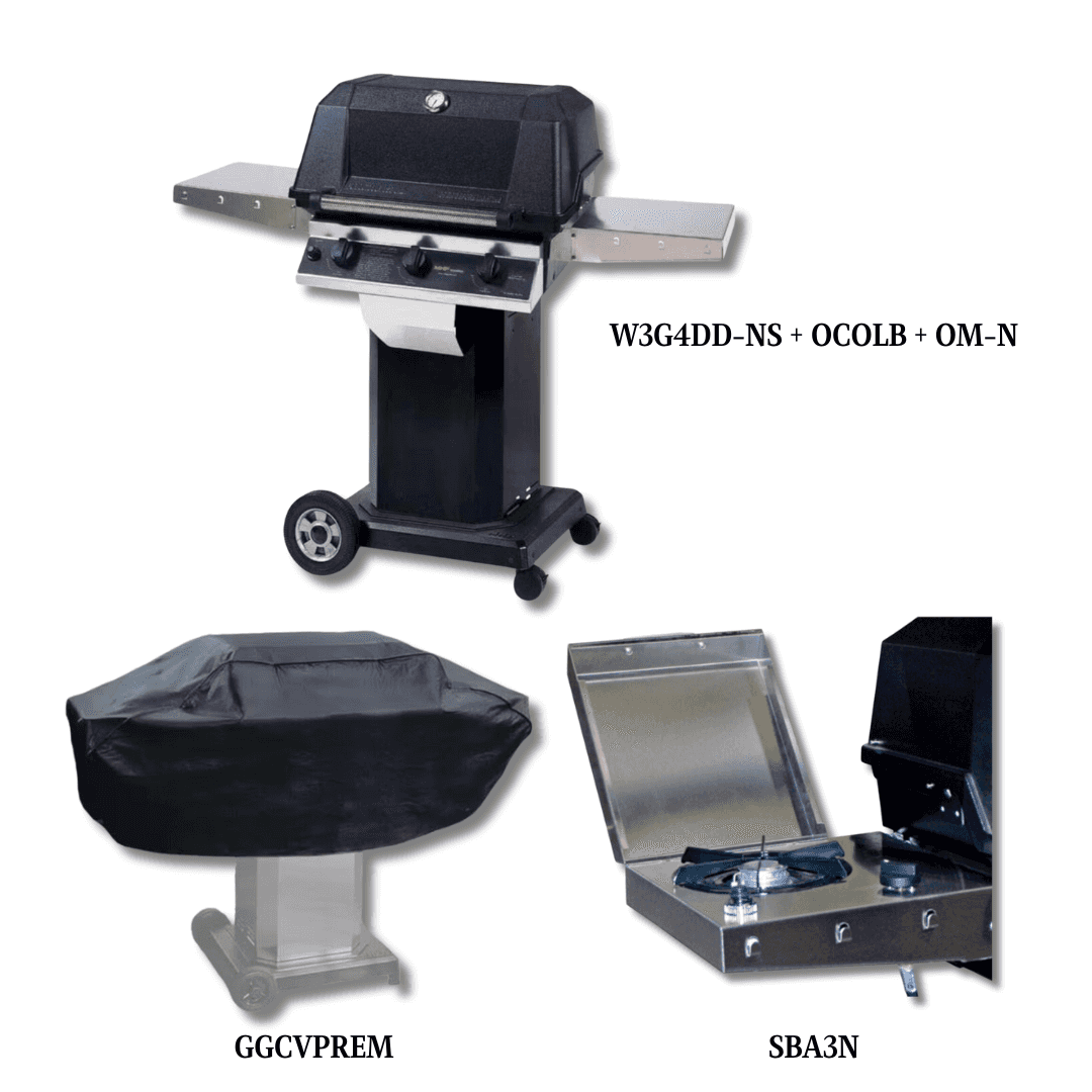 MHP W3G4DD Natural Gas with Sear Magic Grids on Black Cart Grill  with Cover and Single side burner - PCKG4-W3G4DD-NS