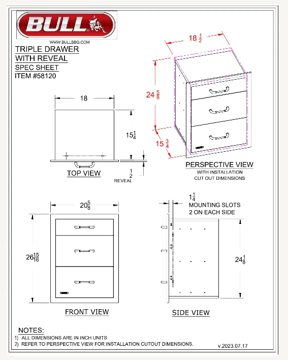 Bull Drawer, Triple, 2+1 S/S w/ Reveal - 58120 (Old Sku 58110) - image 6