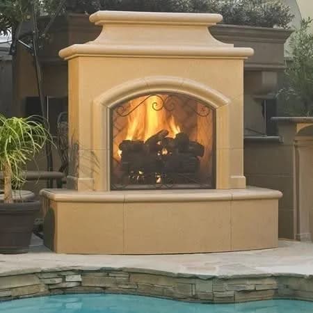 American Fyre Designs 67 Inch Vent-Free Free-Standing Outdoor Mariposa Fireplace, 16 Inch Radiused Bullnose, Hearth and Body, Cafe Blanco, Key Value on the LEFT/Gas Source out the BACK- 173-01-A-CB-LBC - image 2