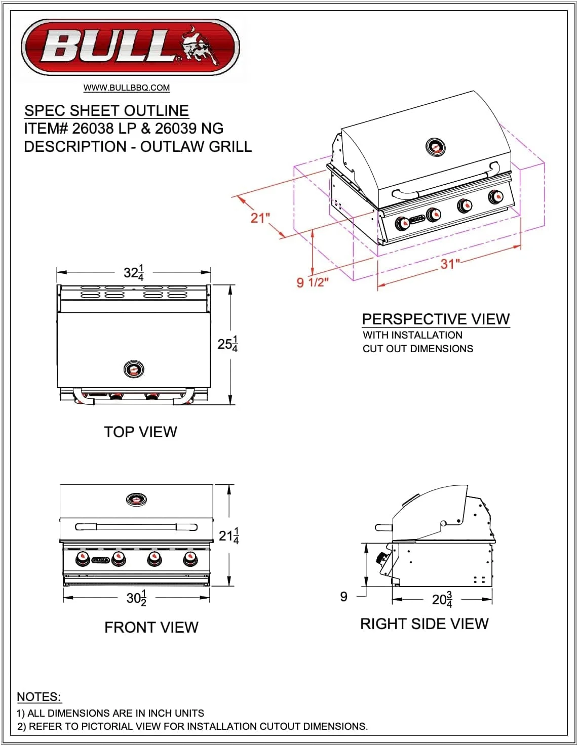 Bull Outlaw - 30-Inch 4-Burner Built-In Grill - Natural Gas - 26039 - image 5