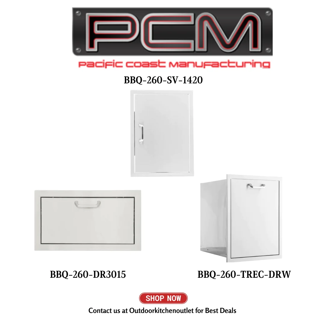 PCM BBQ-260-SV-1420 Single Access Door with Single Drawer and Trash Bin - PCKG1-BBQ-260-SV-1420