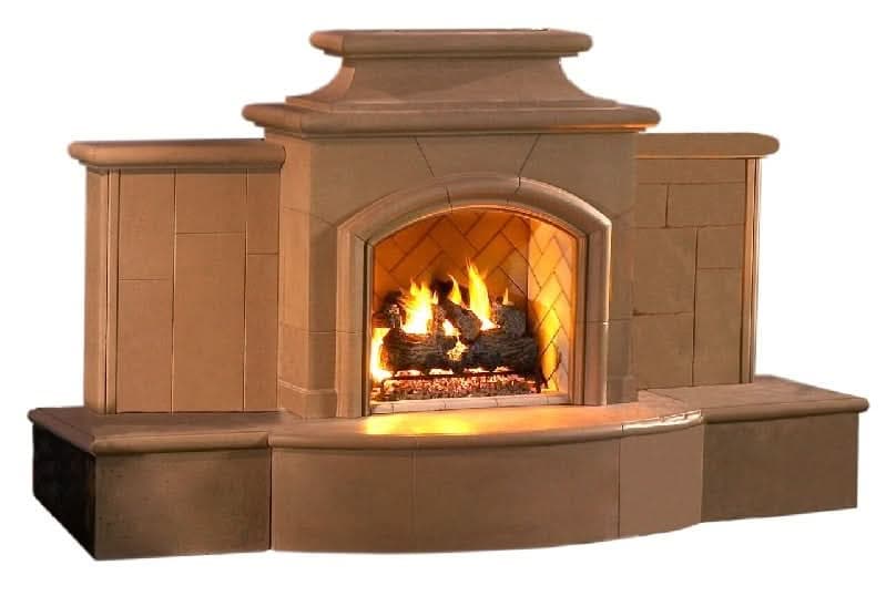 American Fyre Designs 67 Inch Vent-Free Free-Standing Outdoor Grand Mariposa Fireplace with Extended Bullnose Hearth, Hearth Only, Cafe Blanco, Key Value on the LEFT/Gas Source UNDERNEATH- 168-05-H-CB-LUC