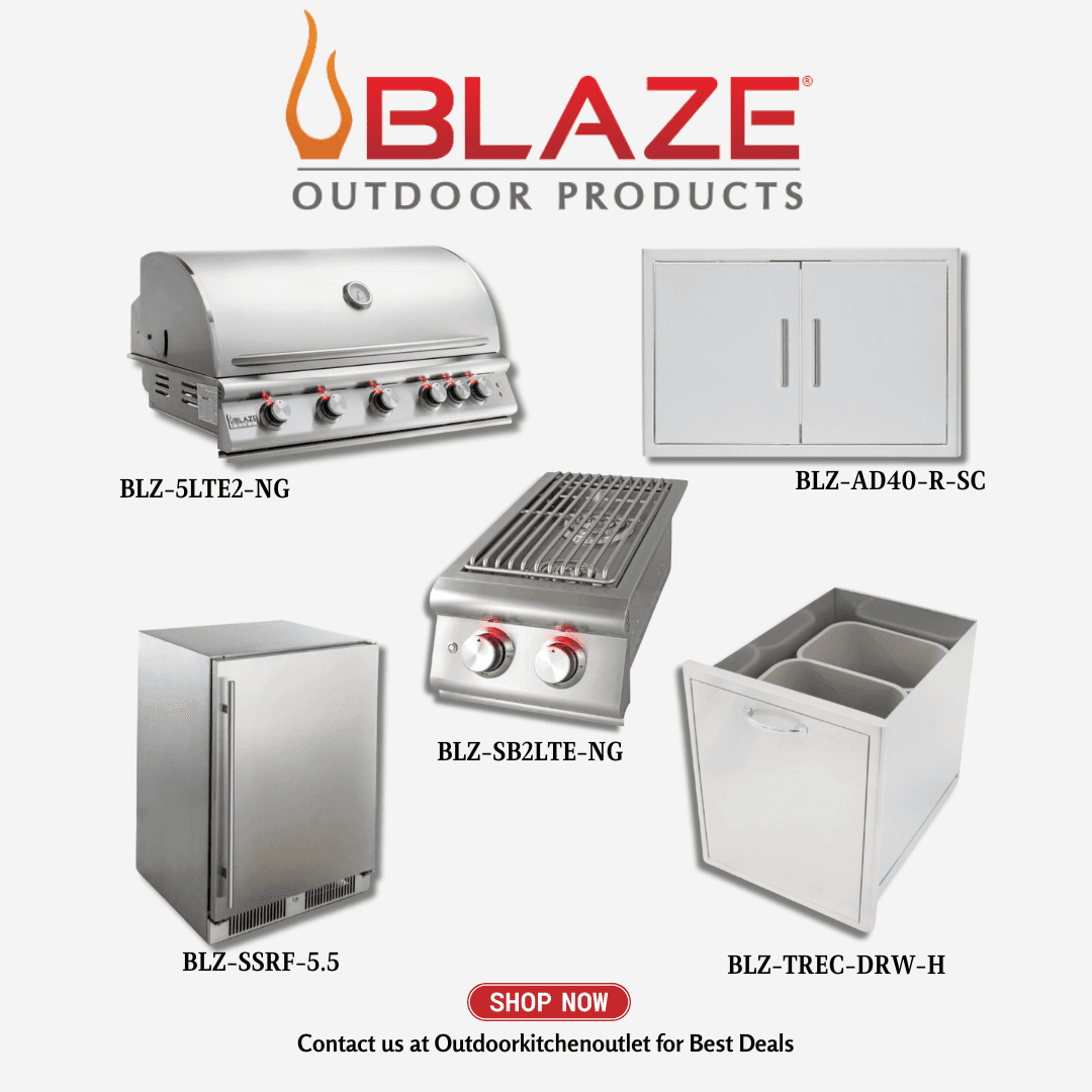 Blaze Outdoor Standard Package LTE 40-inch 5 Burner grill with Stainless Steel Access door, Side Burner, Refrigerator and Trash Drawer NG