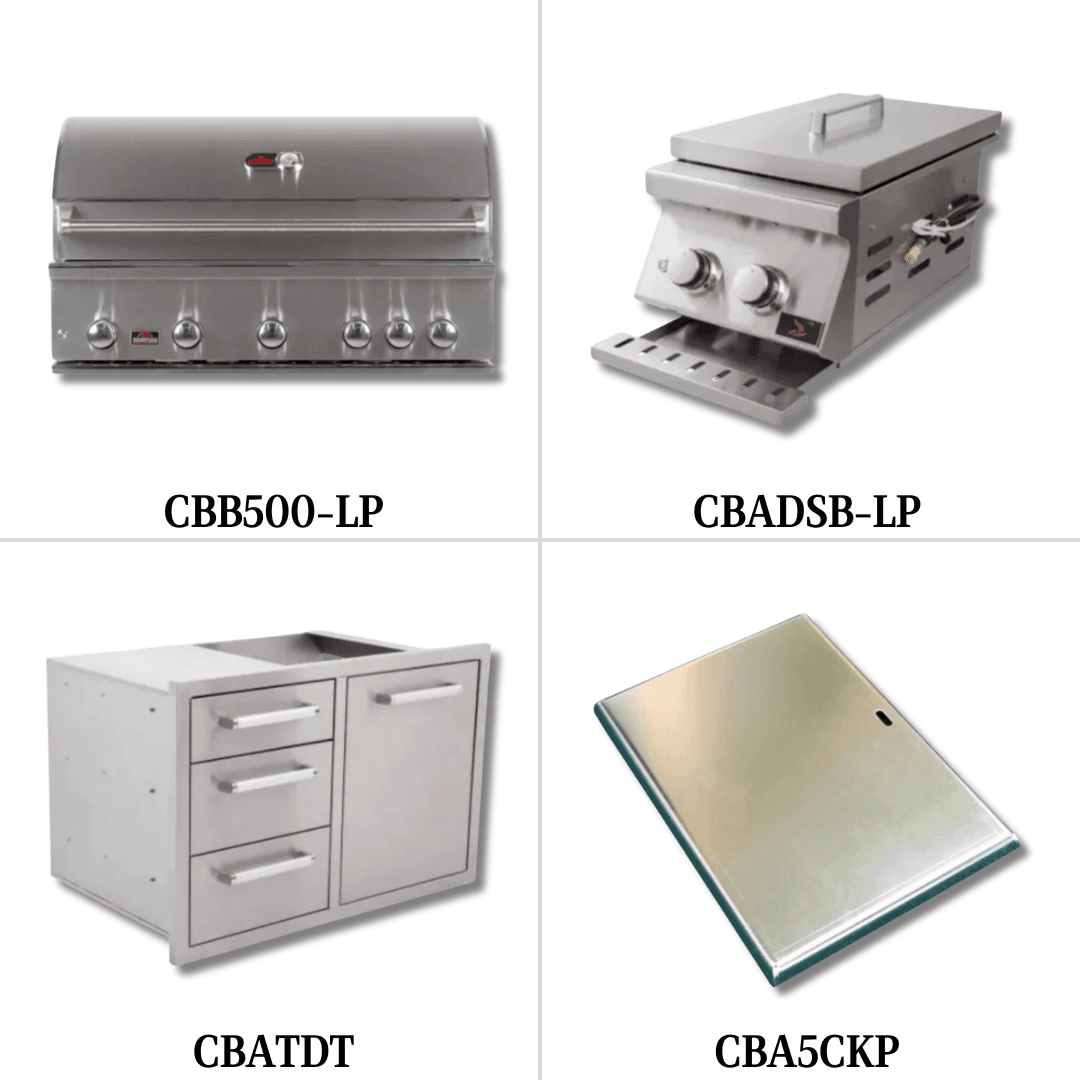 Bonfire Whistler - 42-Inch 5-Burner Built-In LP Grill with Side Burner Triple Drawer and Trash Combo and Griddle Plate - PCKG2CBB500-LPTDTGP