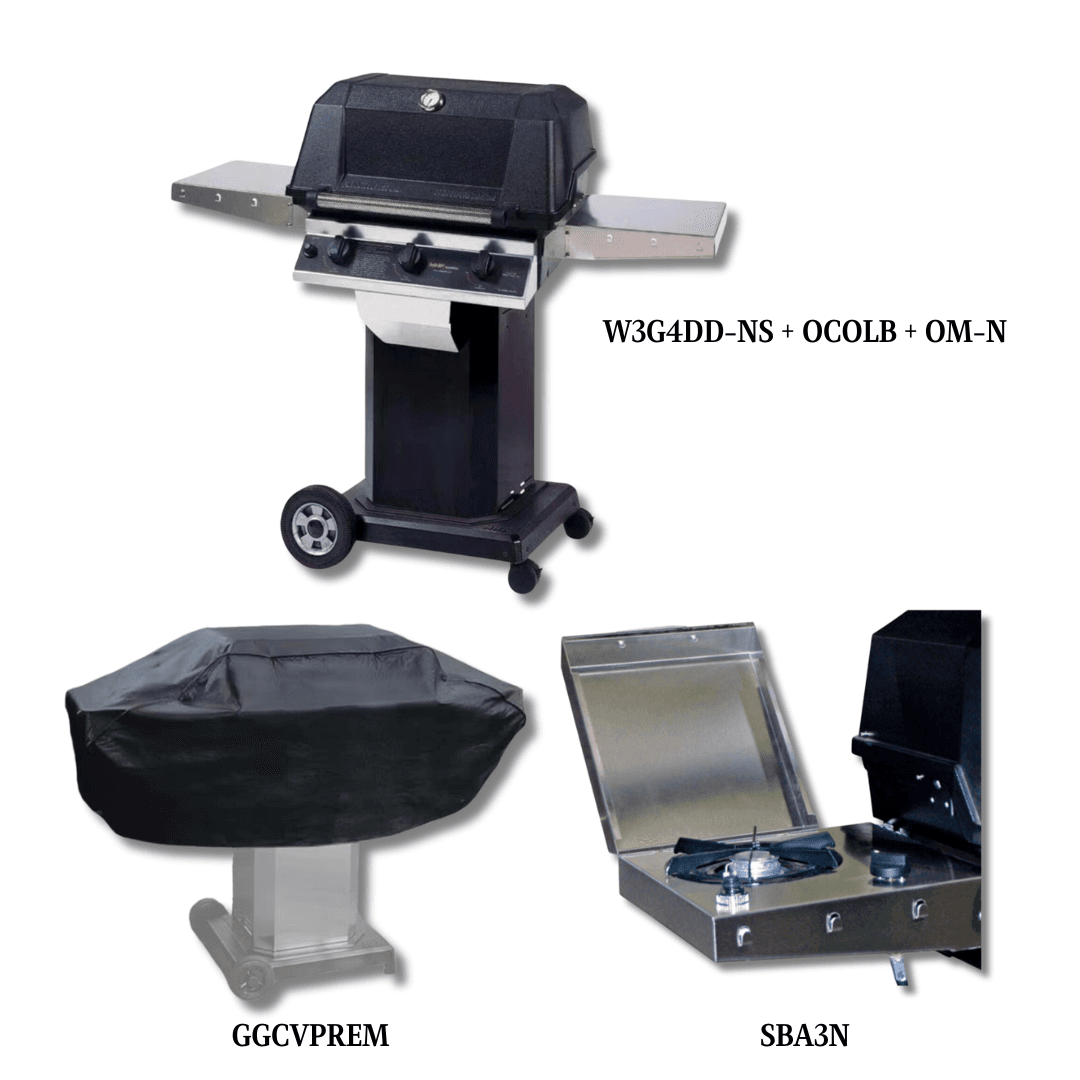 MHP W3G4DD Natural Gas with Sear Magic Grids on Black Cart Grill  with Cover and Single Side Burner - PCKG3-W3G4DD-NS