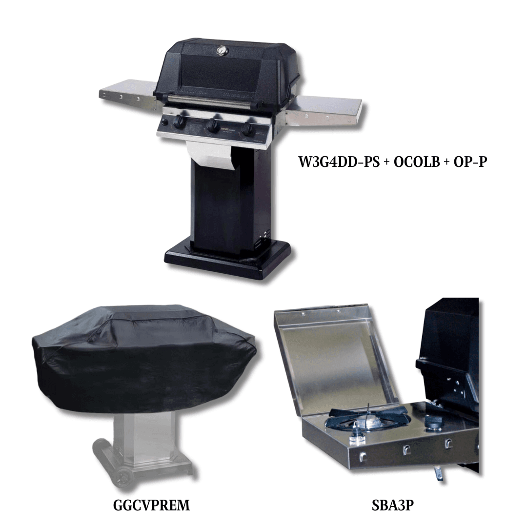 MHP W3G4DD Liquid Propane Gas with Sear Magic Grids on Black Patio Base with Cover and Single Side Burner - PCKG2-W3G4DD-PS