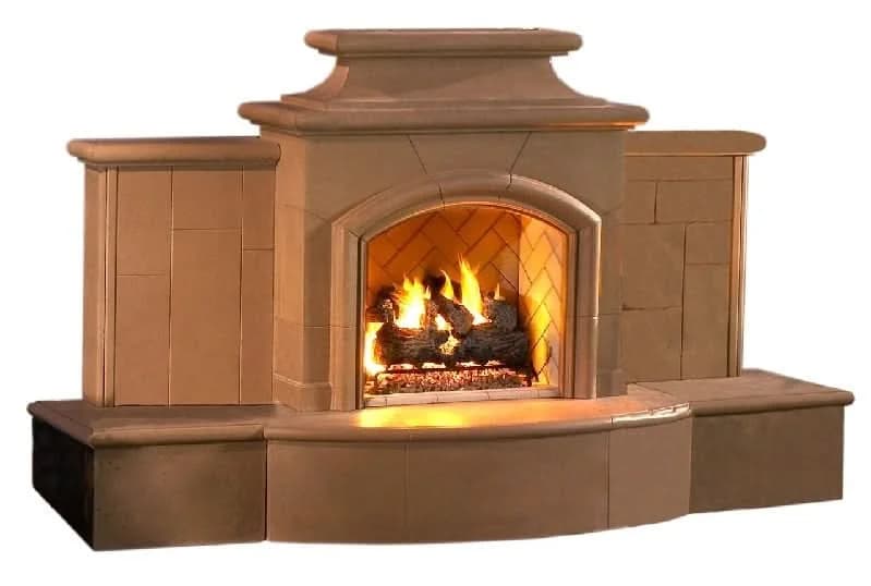 American Fyre Designs 67 Inch Vent-Free Free-Standing Outdoor Grand Mariposa Fireplace with Extended Bullnose Hearth, No Recess, Cafe Blanco, Key Value on the LEFT/Gas Source out the BACK- 168-05-N-CB-LBC