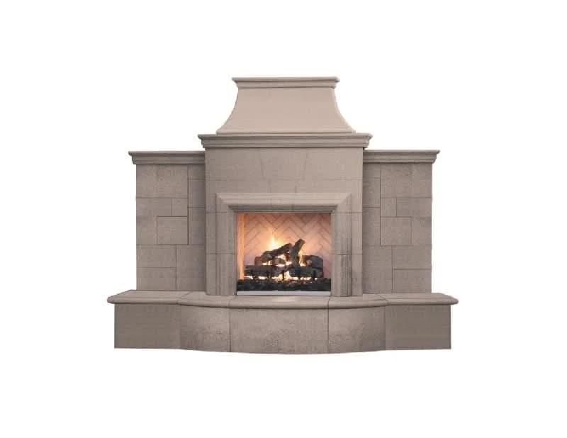 American Fyre Designs 84 3/4 Inch Vented Free-Standing Outdoor Grand Petite Cordova Fireplace with Extended Bullnose Hearth, Hearth Only, Cafe Blanco, Key Value on the LEFT/Gas Source UNDERNEATH- 865-10-H-CB-LUC