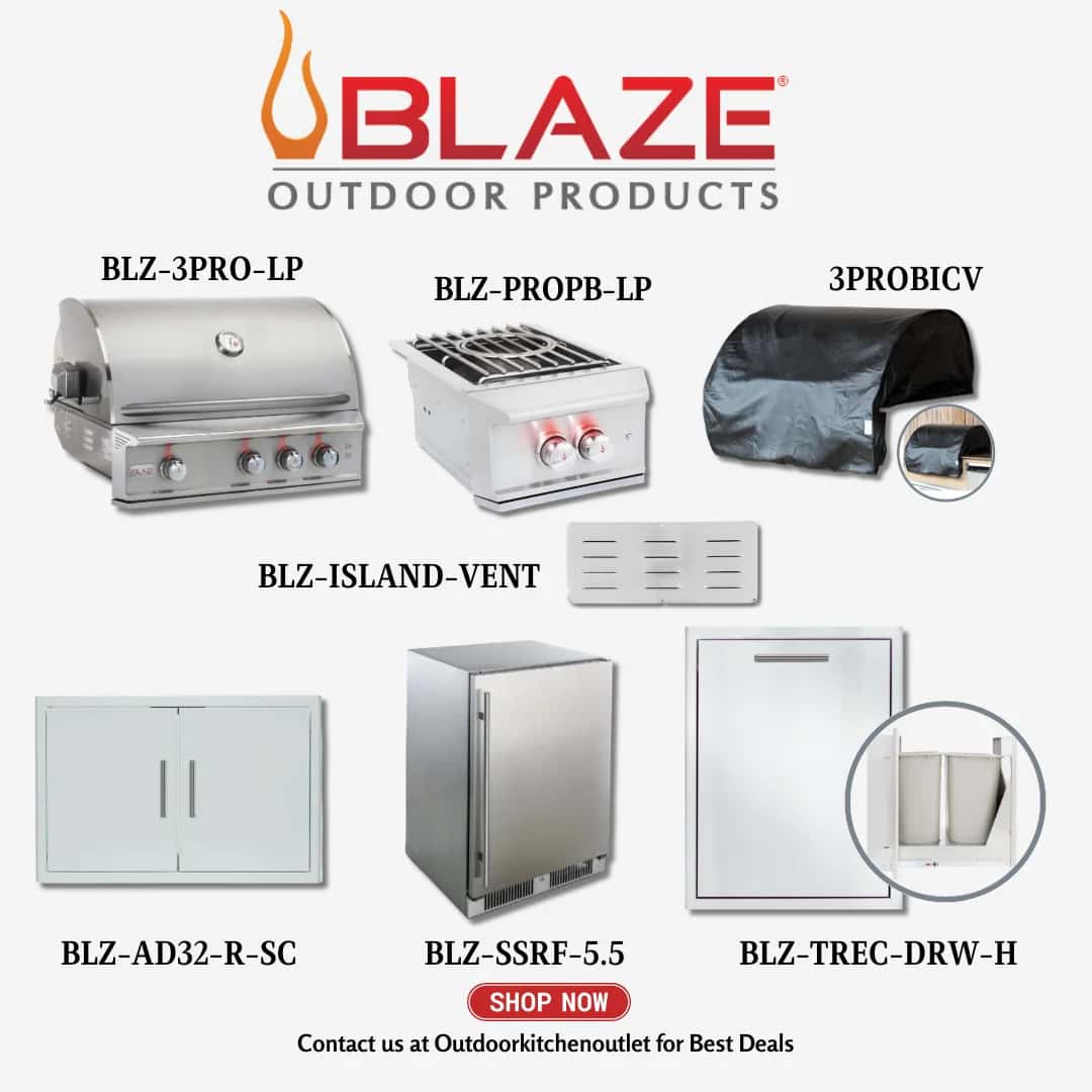 Blaze Outdoor Premium Package Pro LUX 3 Burner 34-inch BBQ Grill with power burner, Access door, Grill Cover, Refrigerator, Trash Drawer and Vent LP
