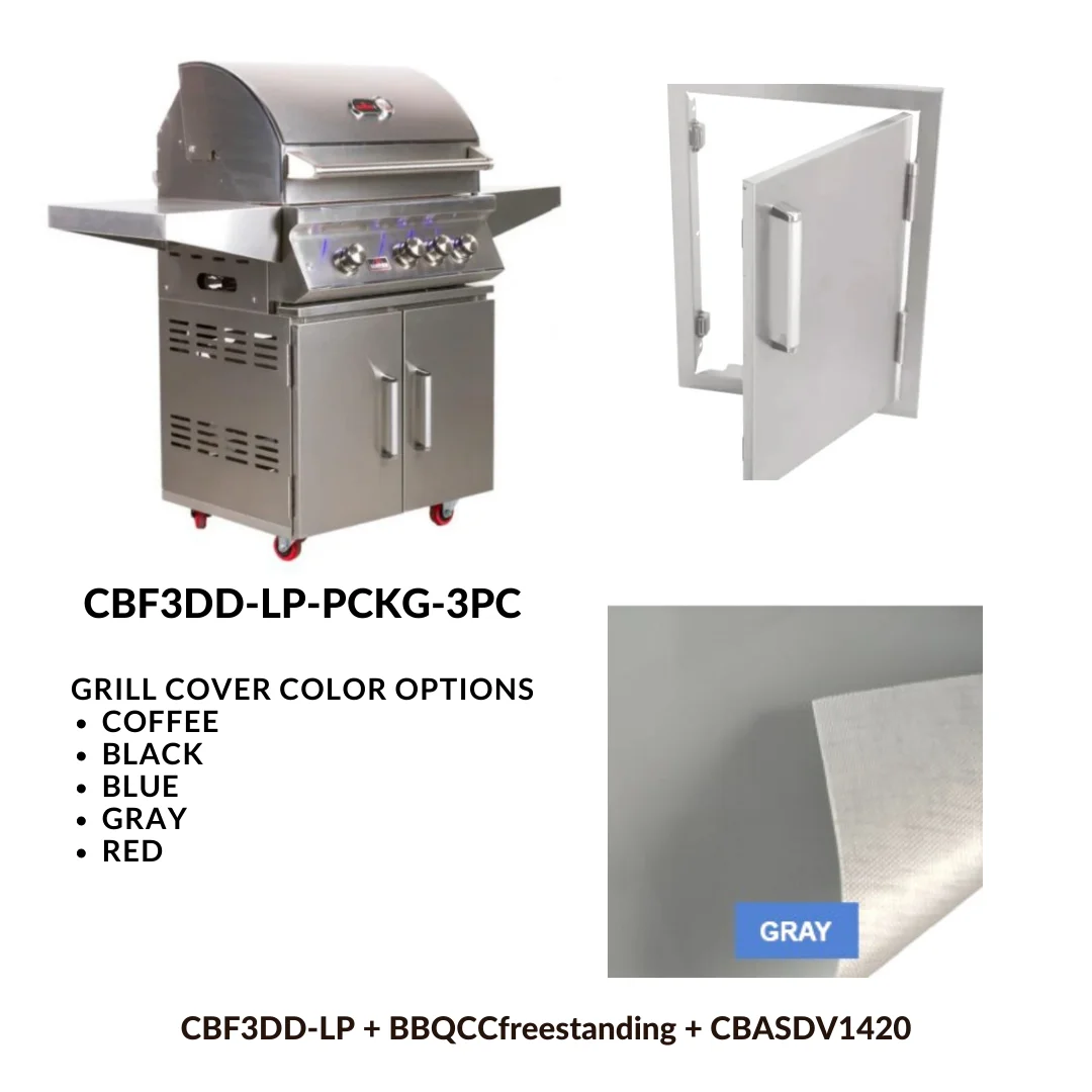 Whistler Basic Package 3 burner Freestanding Double Door Cart Gas Grill with Stainless Steel Access door and Custom Grill cover with 5 year warranty LP