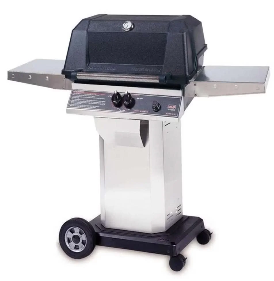MHP WNK4DD - 57-Inch 2-Burner Stainless Cart Grill with Stainless Steel Shelves and Stainless Grids - Liquid Propane Gas - WNK4DD-P + OCOL + OM-P