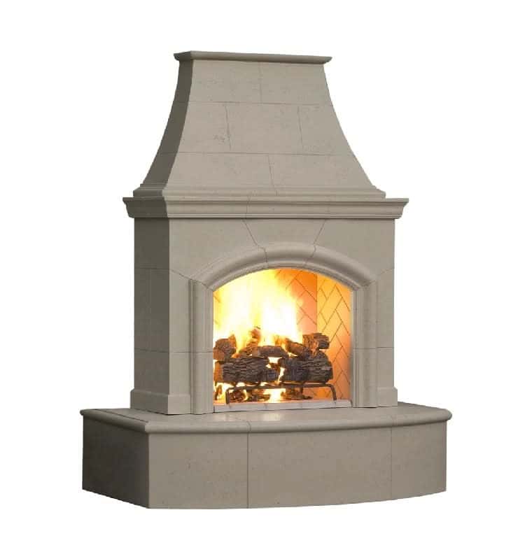 American Fyre Designs 87 Inch Vented Free-Standing Outdoor Phoenix Fireplace, 16 Inch Roundover Bullnose, No Recess, Cafe Blanco, Key Value on the RIGHT/Gas Source out the BACK- 017-03-N-CB-RBC