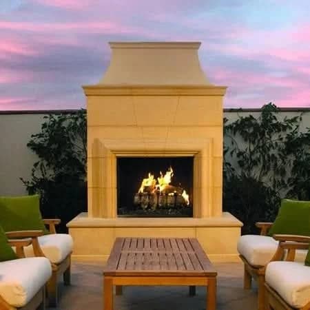 American Fyre Designs 95 Inch Vented Free-Standing Outdoor Cordova Fireplace, 16 Inch Rectangle Bullnose, No Recess, Cafe Blanco, Key Value on the LEFT/Gas Source out the BACK- 022-20-N-CB-LBC