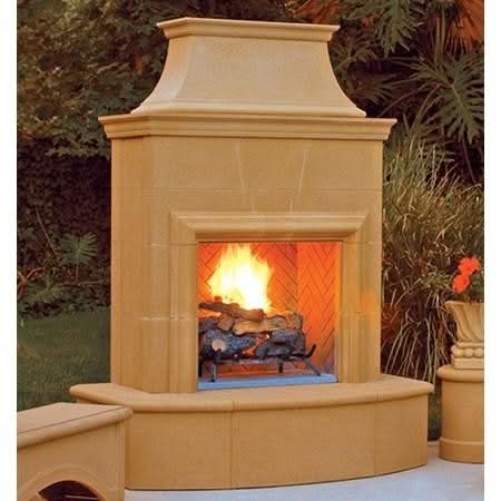 American Fyre Designs 84 Inch Vented Free-Standing Outdoor Petite Cordova Fireplace, 16 Inch Roundover Bullnose, Hearth Only, Smoke, Key Value on the RIGHT/Gas Source out the BACK- 025-03-H-SM-RBC