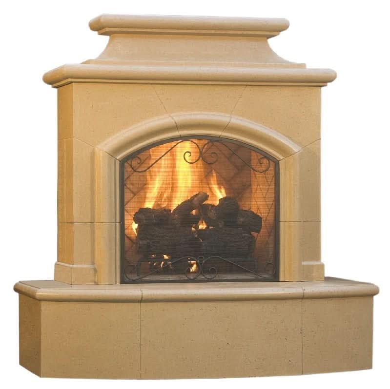 American Fyre Designs 67 Inch Vented Free-Standing Outdoor Mariposa Fireplace, 16 Inch Rectangle Bullnose, Hearth and Body, Cafe Blanco, Key Value on the RIGHT/Gas Source out the BACK- 073-02-A-CB-RBC