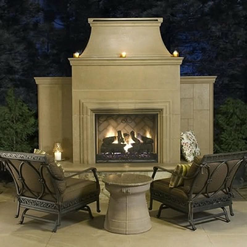 American Fyre Designs 95 Inch Vent-Free Free-Standing Outdoor Grand Cordova Fireplace with Rectangle Extended Bullnose Hearth, No Recess, Cafe Blanco, Key Value on the RIGHT/Gas Source UNDERNEATH- 182-35-N-CB-RUC
