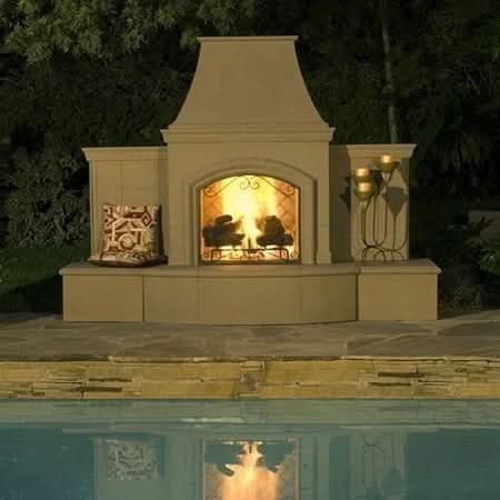 American Fyre Designs 87 Inch Vented Free-Standing Outdoor Grand Phoenix Fireplace with Extended Bullnose Hearth, No Recess, White Aspen, Key Value on the LEFT/Gas Source out the BACK- 818-05-N-WA-LBC