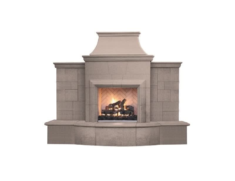 American Fyre Designs 84 3/4 Inch Vented Free-Standing Outdoor Grand Petite Cordova Fireplace with Extended Bullnose Hearth, No Recess, Cafe Blanco, Key Value on the LEFT/Gas Source out the BACK- 865-10-N-CB-LBC