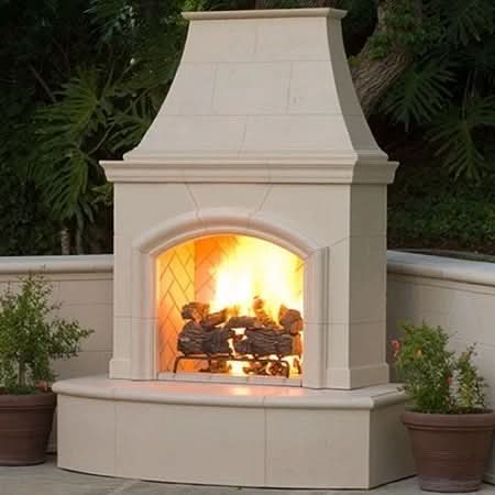 American Fyre Designs 87 Inch Vented Free-Standing Outdoor Phoenix Fireplace, 16 Inch Radiused Bullnose, No Recess, Cafe Blanco, Key Value on the LEFT/Gas Source out the BACK- 017-01-N-CB-LBC